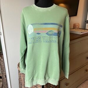 Aerie oversized sweatshirt, mint green with distressed sunrise design